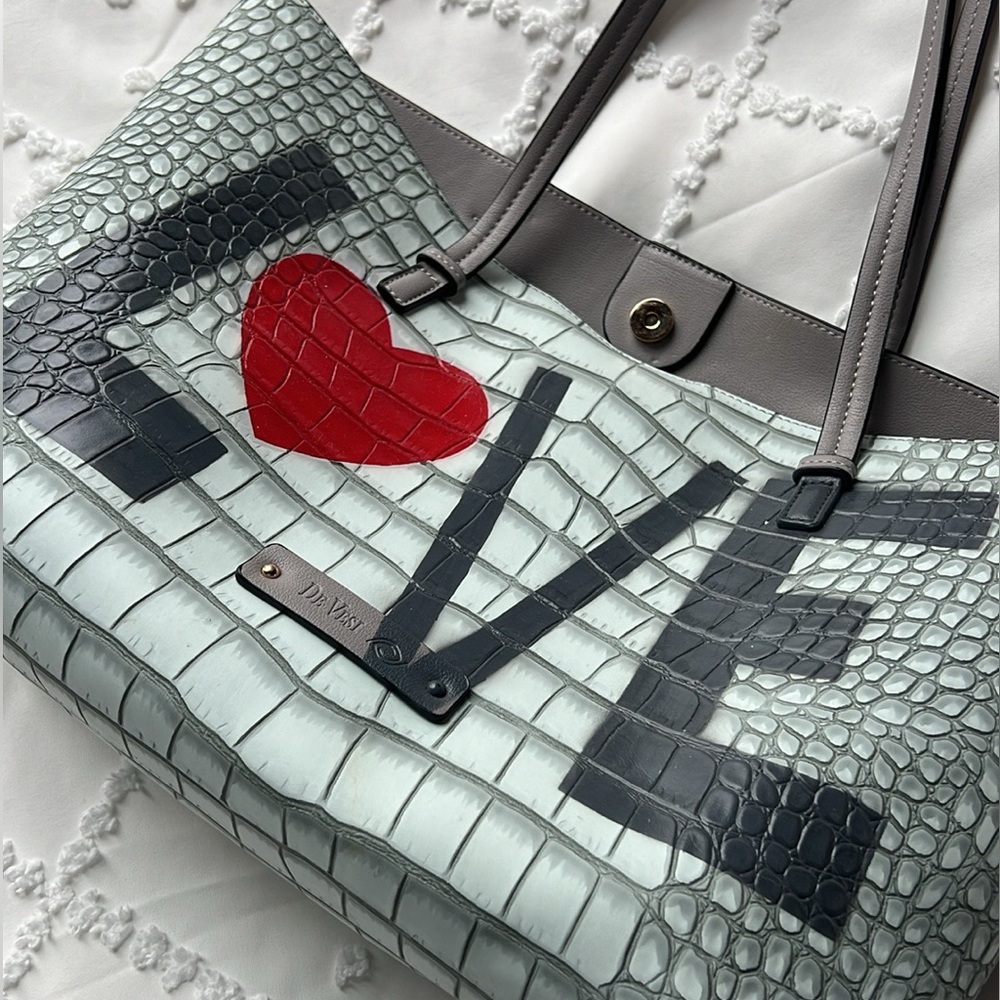 Designer Gray Croc-Embossed Tote with Red Heart Accent